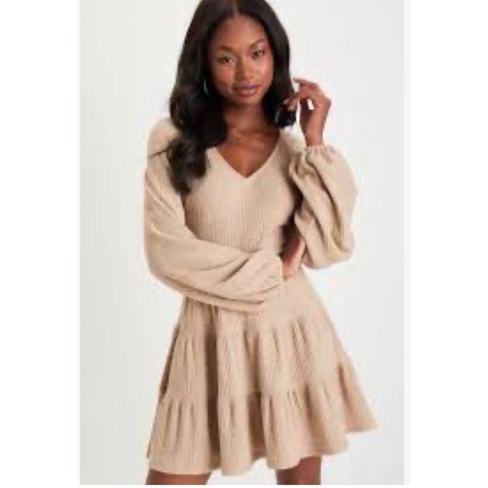 New Adorable Option Heather Beige Long Sleeve Mini Sweater Dress Size Medium
